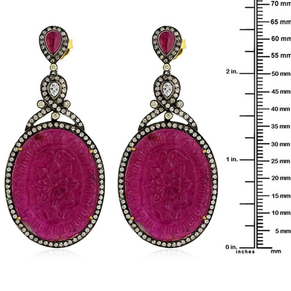 Modern Carved Ruby Earring with Diamonds