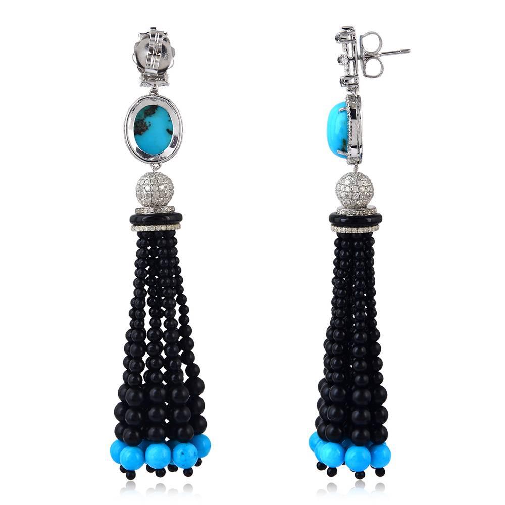 Artisan Black Onyx and Turquoise Tassel Earring with Diamonds