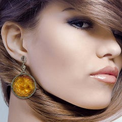 Round Carved Jade Dangle Earrings with Pave Diamonds Made In 18k Gold