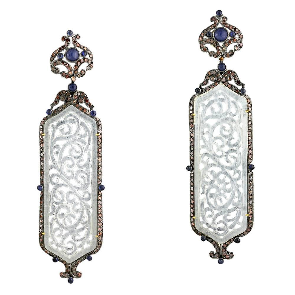 Long Jade Earring with Diamonds and Sapphire around  For Sale