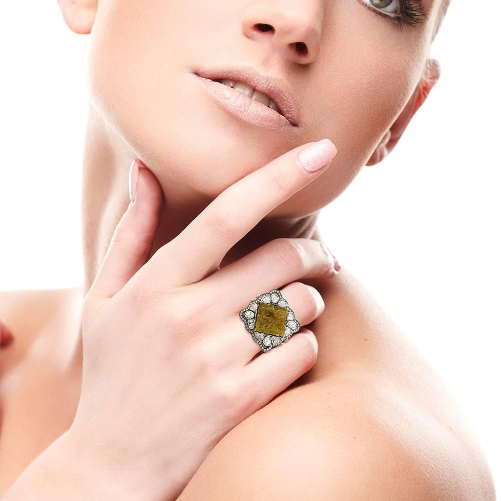 Artisan Jade and Rosecut Diamond Ring For Sale