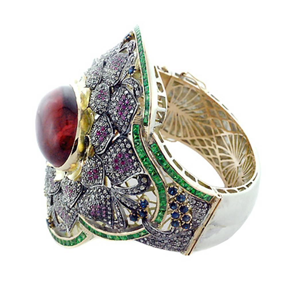 Mixed Cut Lotus Bangle with Tourmaline and Diamonds For Sale