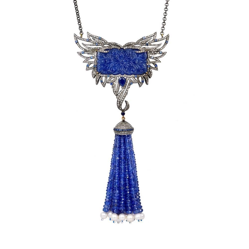 Carved Tanzanite Tassel Necklace with Diamonds and Sapphire In 18k Gold & Silver For Sale