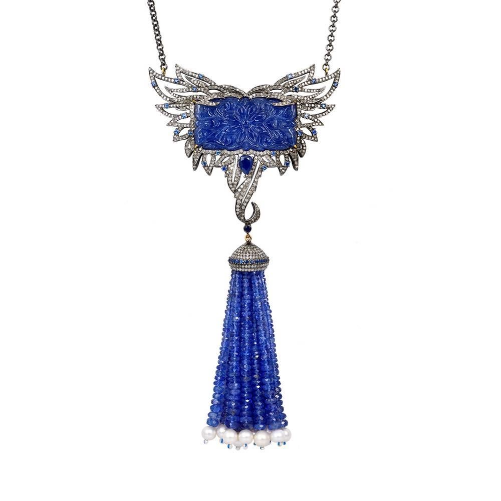 Carved Tanzanite Tassel Necklace with Diamonds and Sapphires