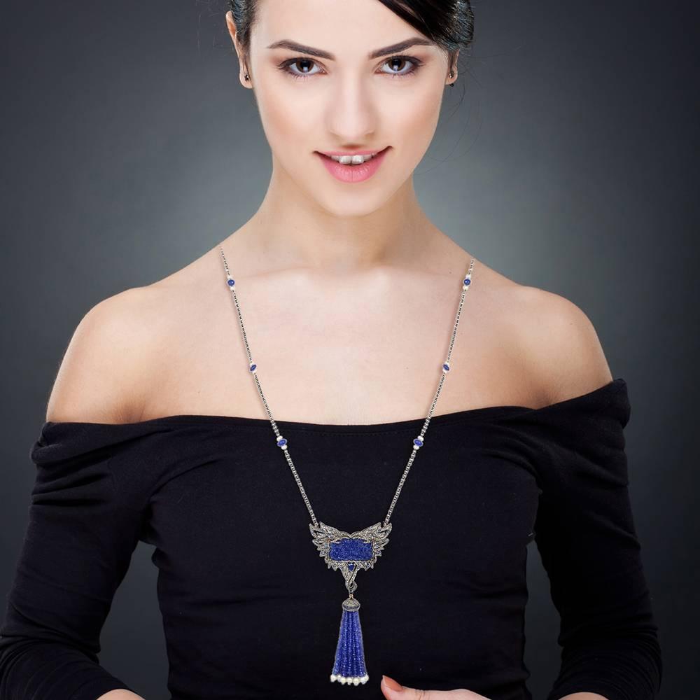Artisan Carved Tanzanite Tassel Necklace with Diamonds and Sapphires For Sale