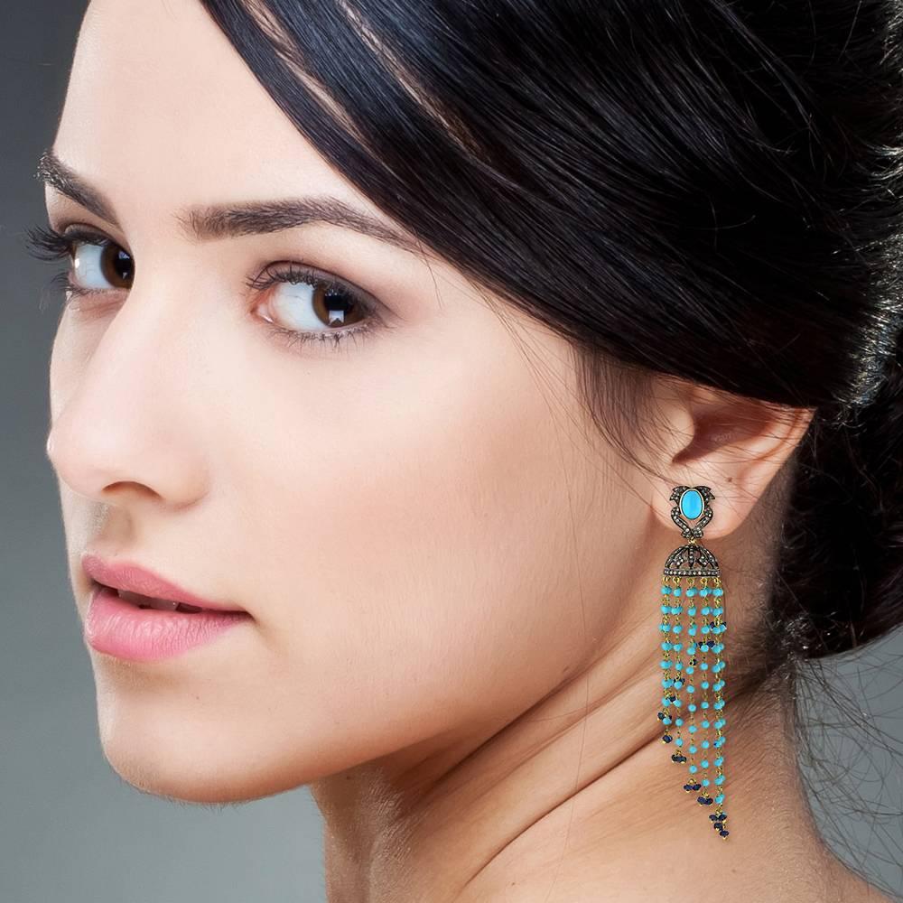 Artisan Diamond and Turquoise Tassel Earrings