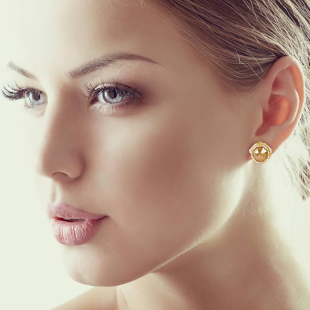 Mixed Cut Yellow Ice Diamond Stud Earring With Pave Diamonds Made In 18k Gold For Sale