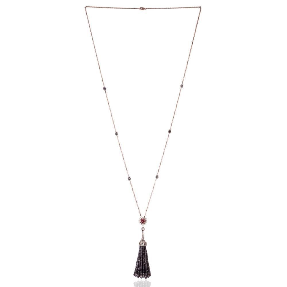 Transform your look from drab to fab with this alluring 18K Gold White & Ice Diamond Tassel Necklace. Tassel pendant on this necklace is detachable. 
Diamond: 61.83cts
Pink Tourmaline: .95cts
Tassel Pendant length: 3.5inches
Total length of
