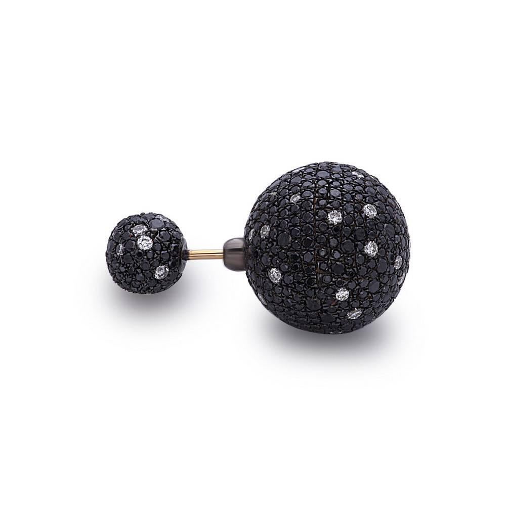 Bead Black and White Pave Diamond Ball Earrings Made In 18k Gold & Silver For Sale