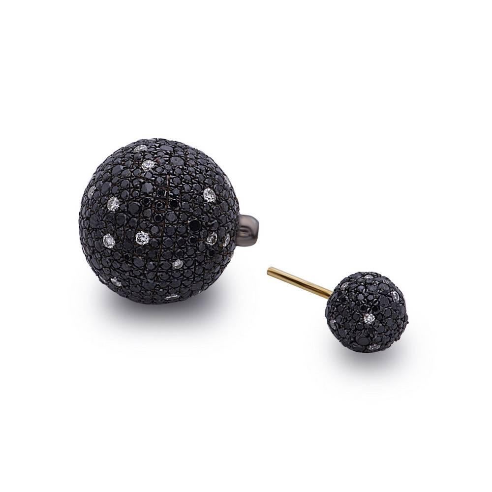 Modern Black and White Pave Diamond Ball Earrings Made In 18k Gold & Silver For Sale