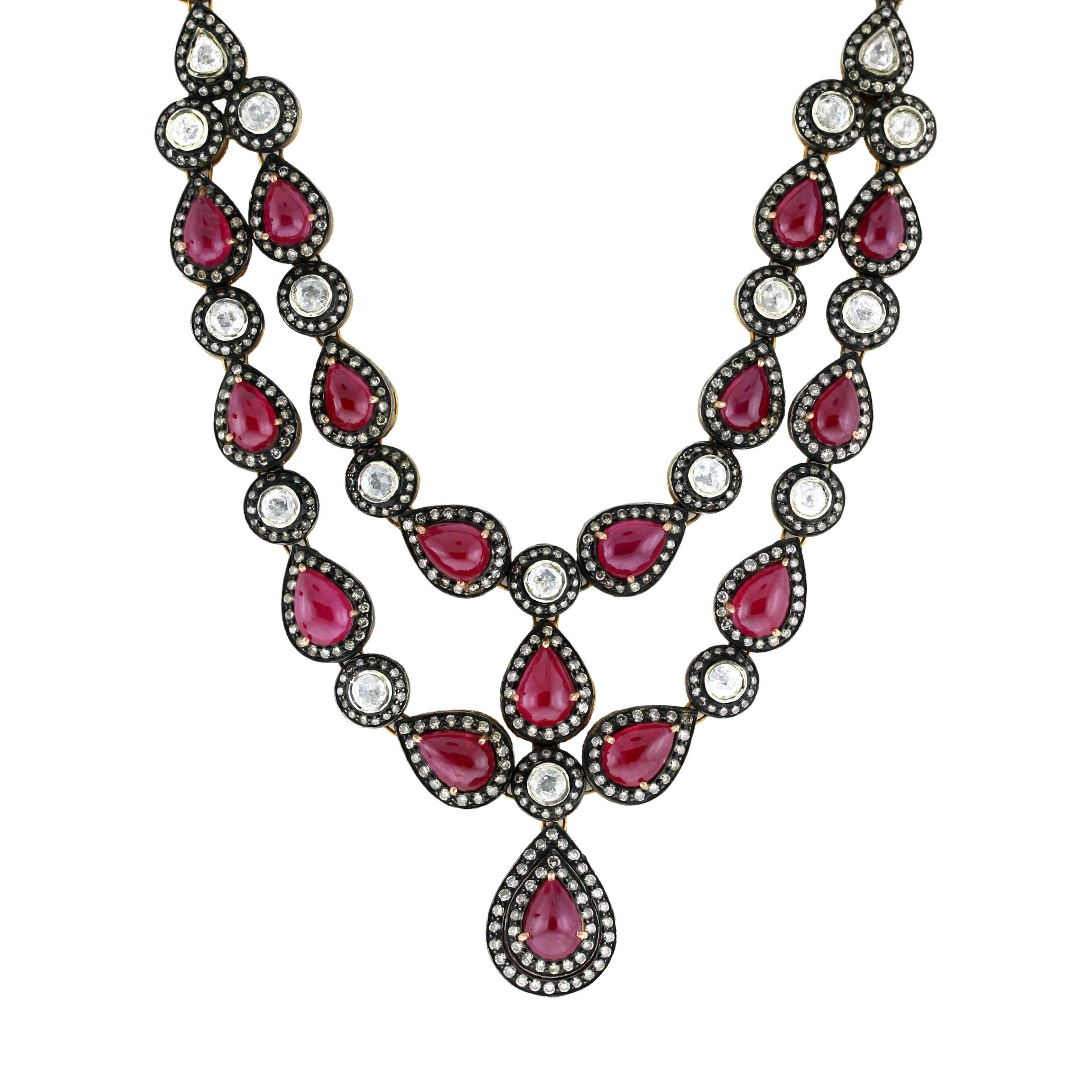 Gorgeous Ruby Rosecut Diamond Silver Gold Necklace For Sale at 1stDibs