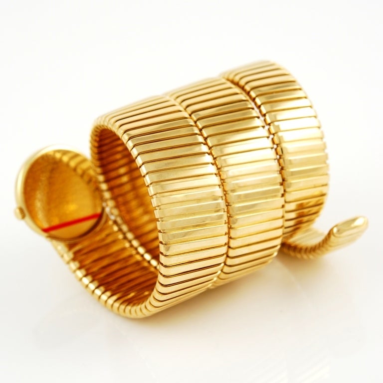 Bulgari Lady's Yellow Gold Tubogas Snake Bracelet Wristwatch 1960s