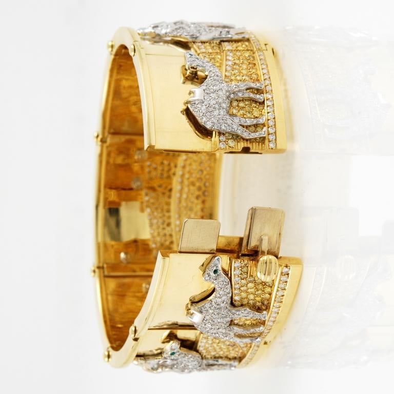 1980s Emerald Diamond Gold Dromedary Cuff Bracelet