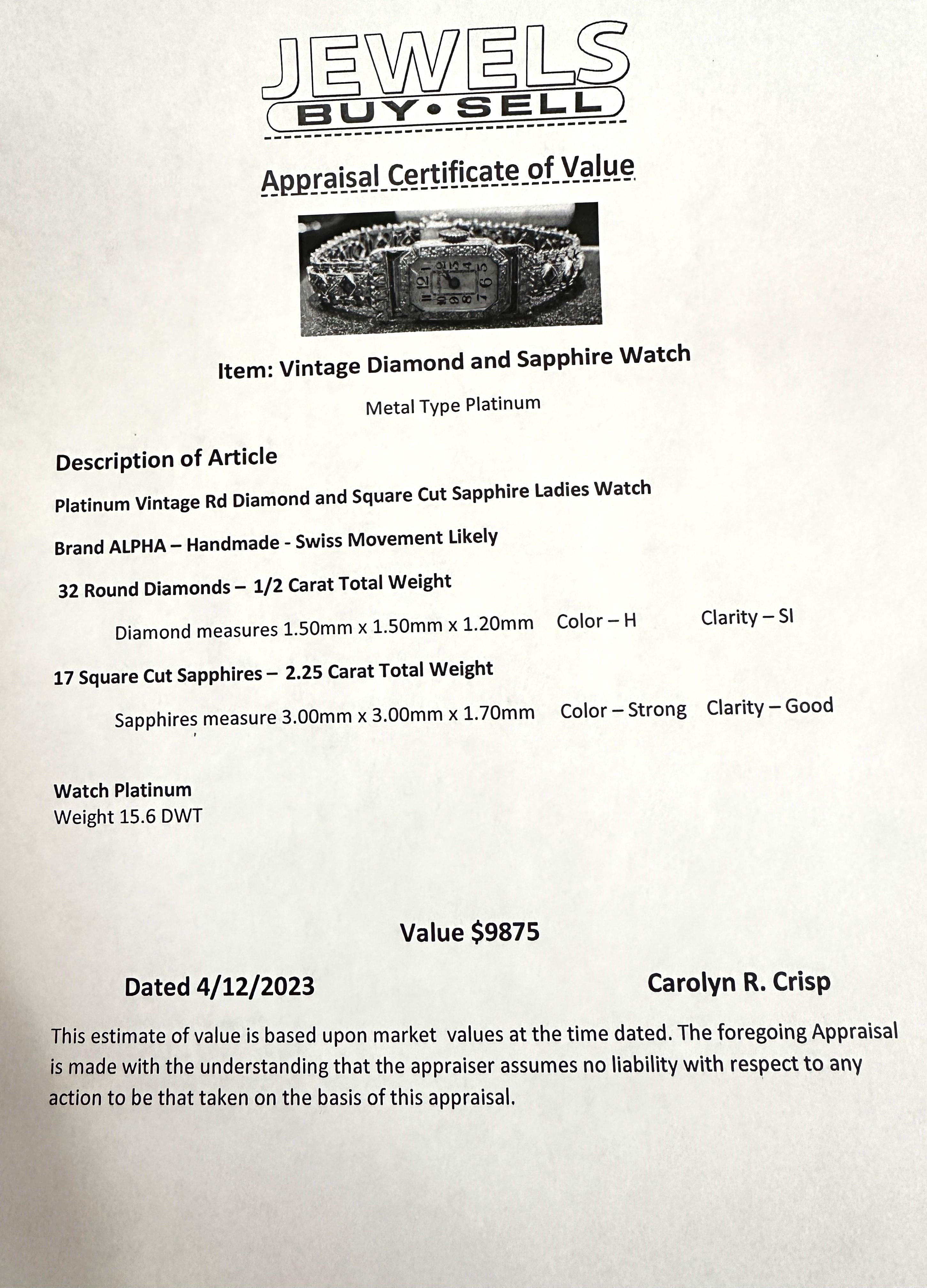 Handmade Antique Platinum Sapphire & Diamond Watch w Xtra Links For Sale 6