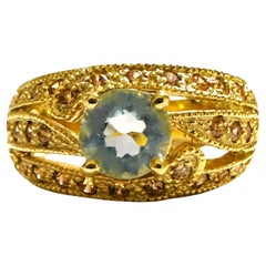 New Santa Maria IF 1.0 Ct Aquamarine & Sapphire YGold Plated Sterling Ring