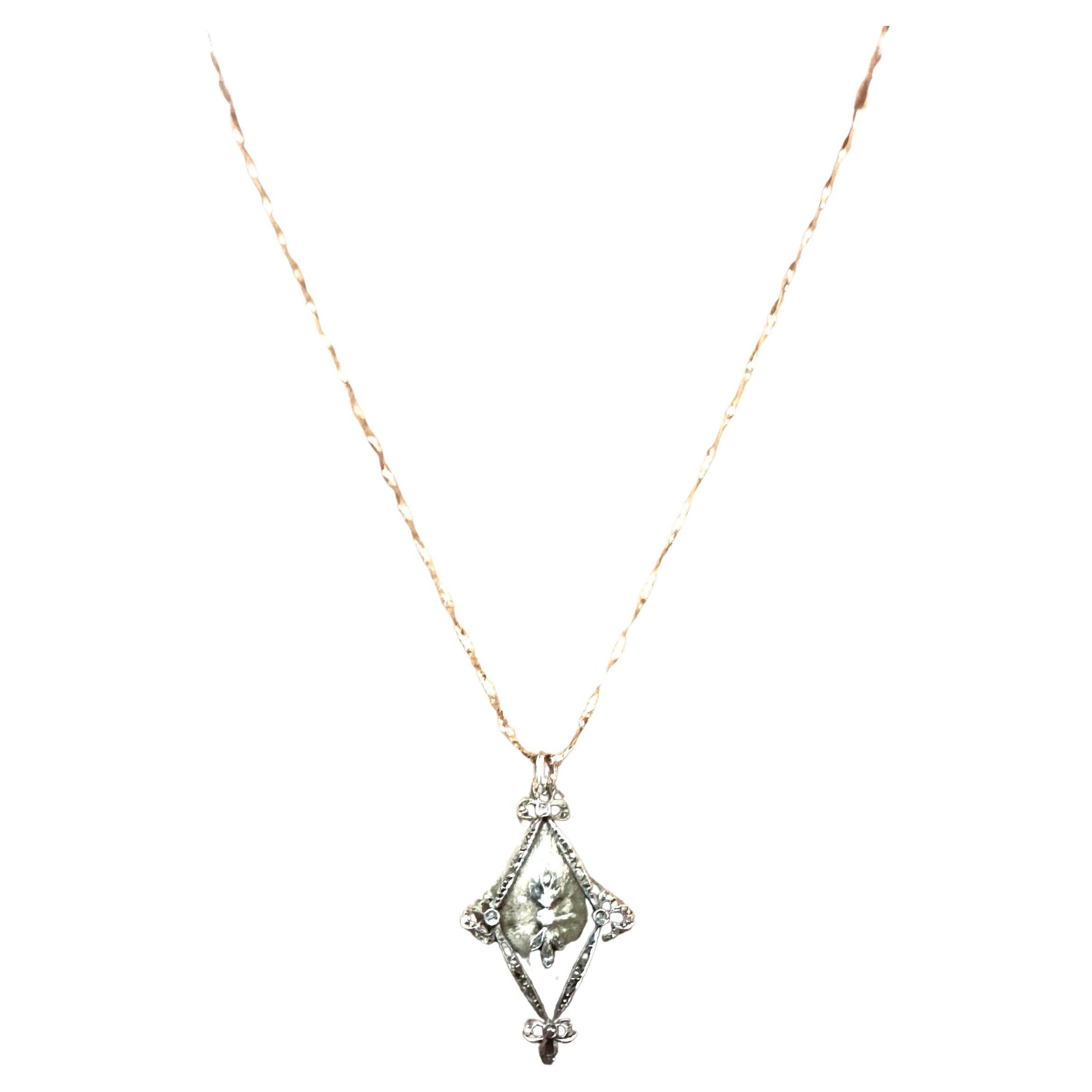 Antique 14k WG Rose Cut & Mine Cut Diamond Pendant w 14k White Gold 18" Chain 