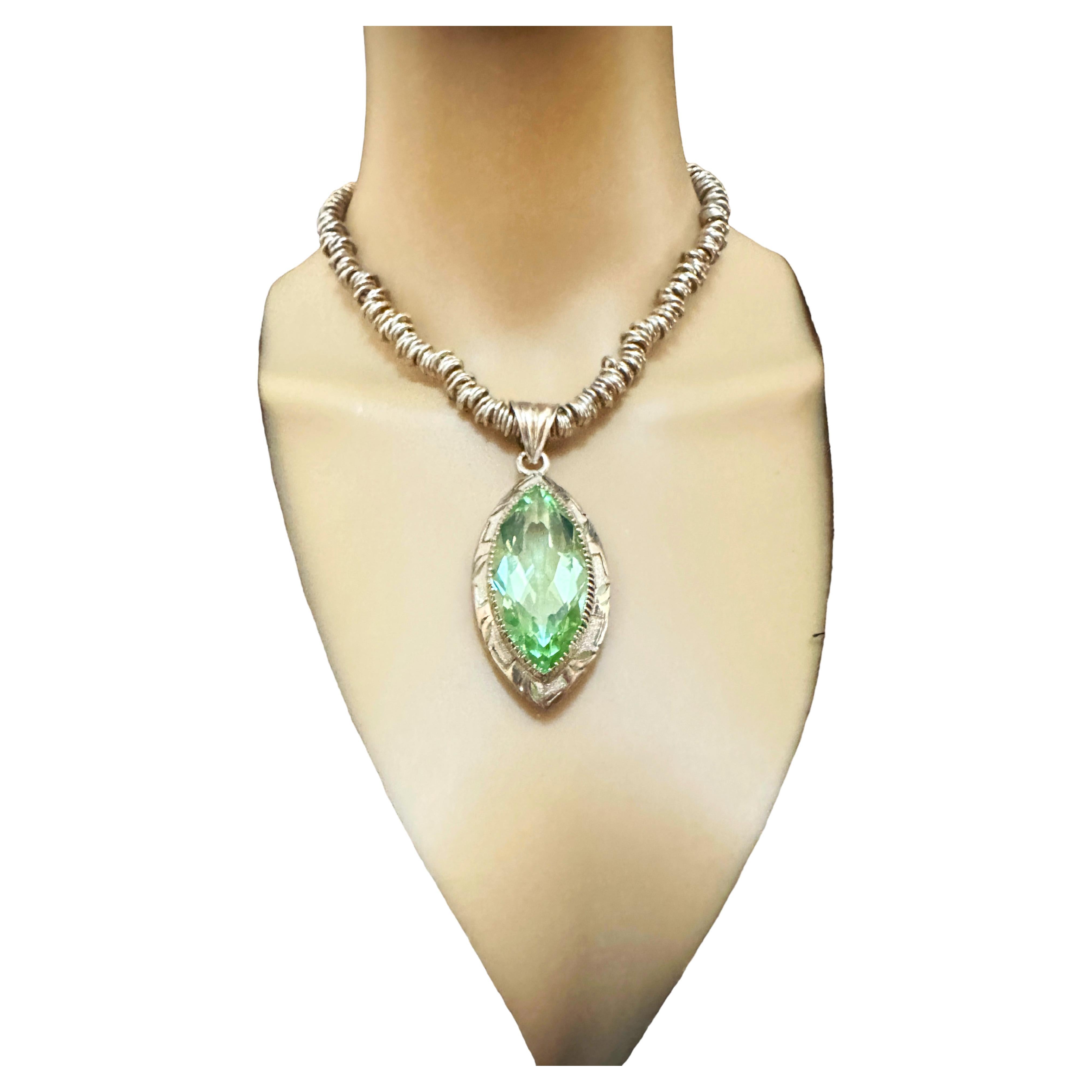 Handmade 16 Inch Ornate Sterling Silver Pendant Necklace with Green Quartz For Sale