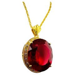 New 33.30 carat Red Sapphire & Diamond Cut Y Gold Plated Sterling Necklace