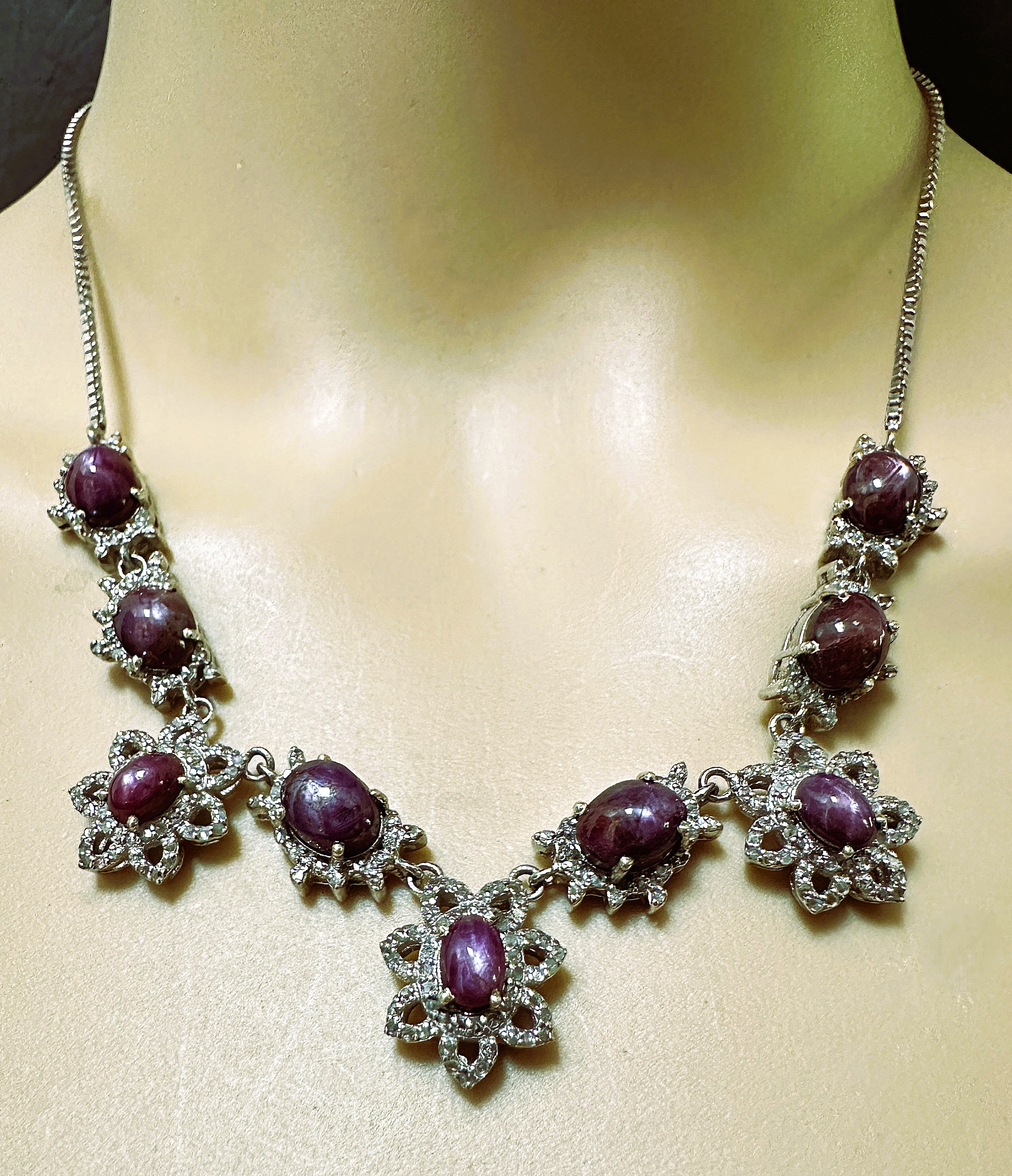 New 23 Carat 9-Star Ruby Corundum & 1.50 Carat Diamond Sterling Silver Necklace