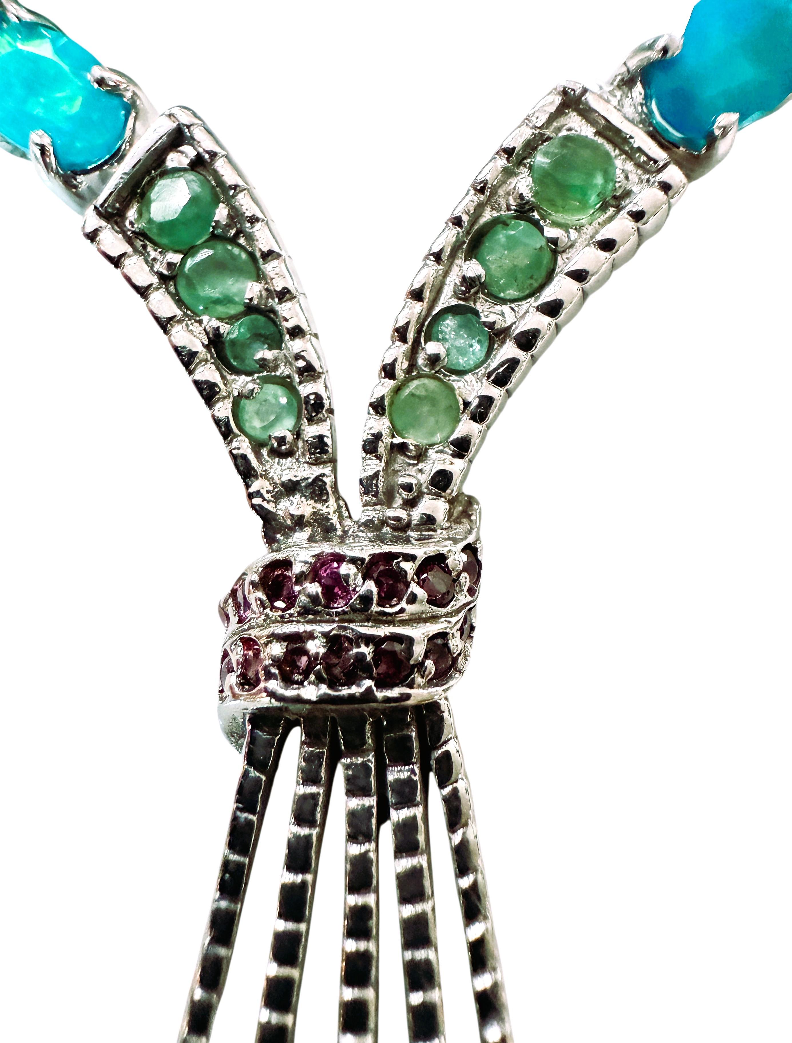 Neu 14,2 Karat Blauer Opal & Diamantschliff Smaragd & Granat Sterling Halskette im Angebot 4