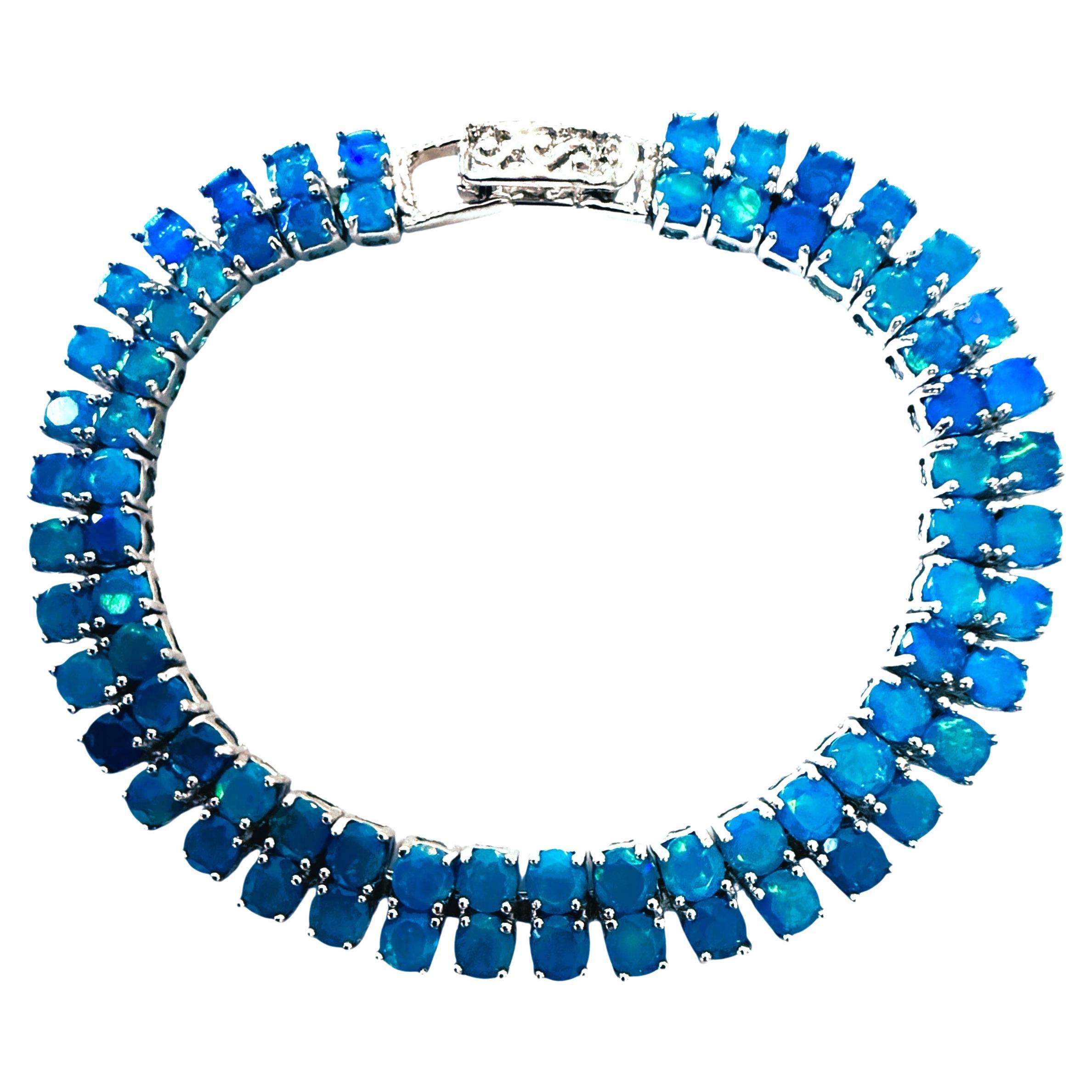 New 18 Carat Diamond Cut Ethiopian Blue Opal Sterling Silver Bracelet 7.5 Inches