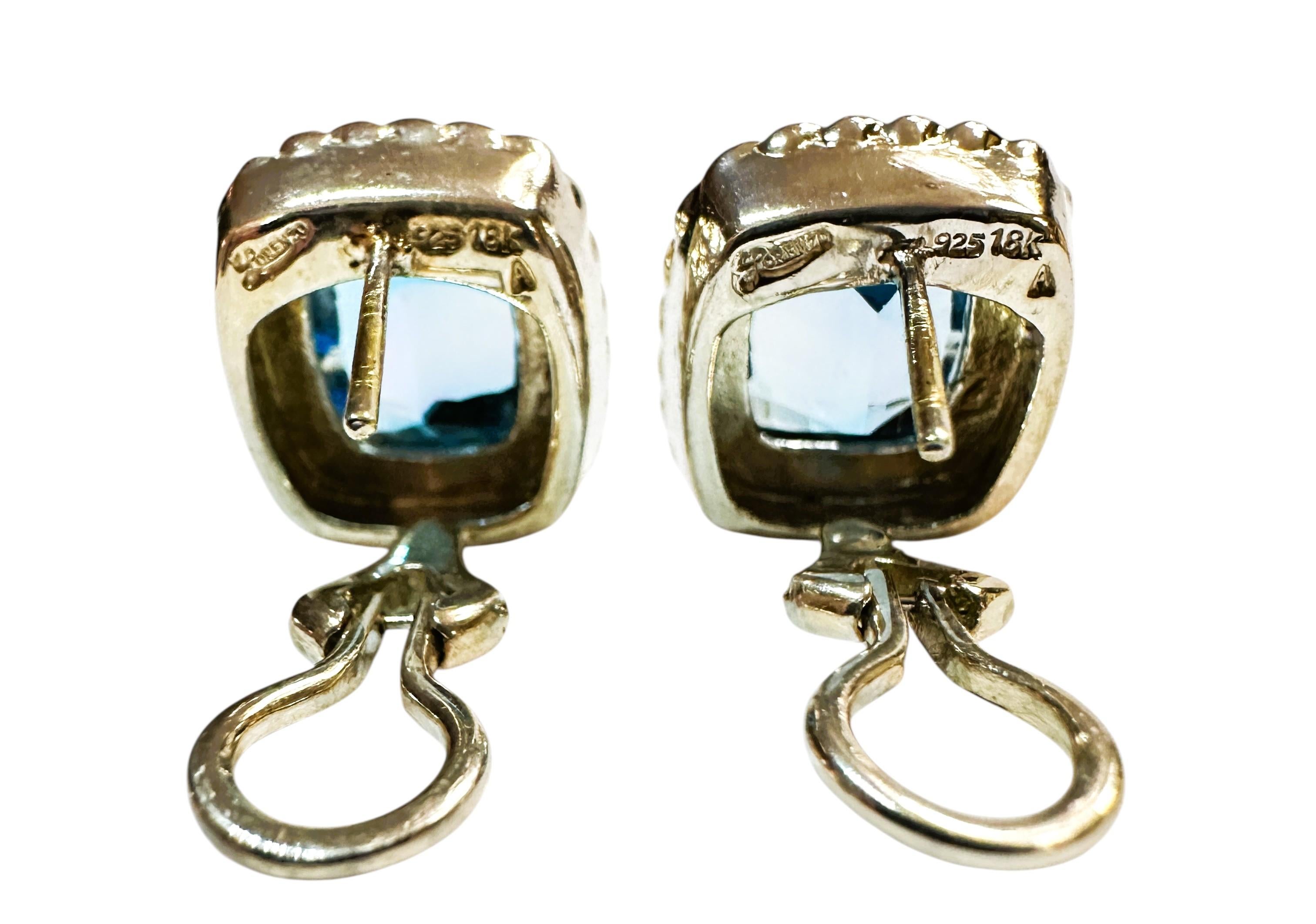 Orecchini in oro 18k e sterlina Lorenzo London da 10,1 carati di topazio blu con fondello Omega in vendita 1