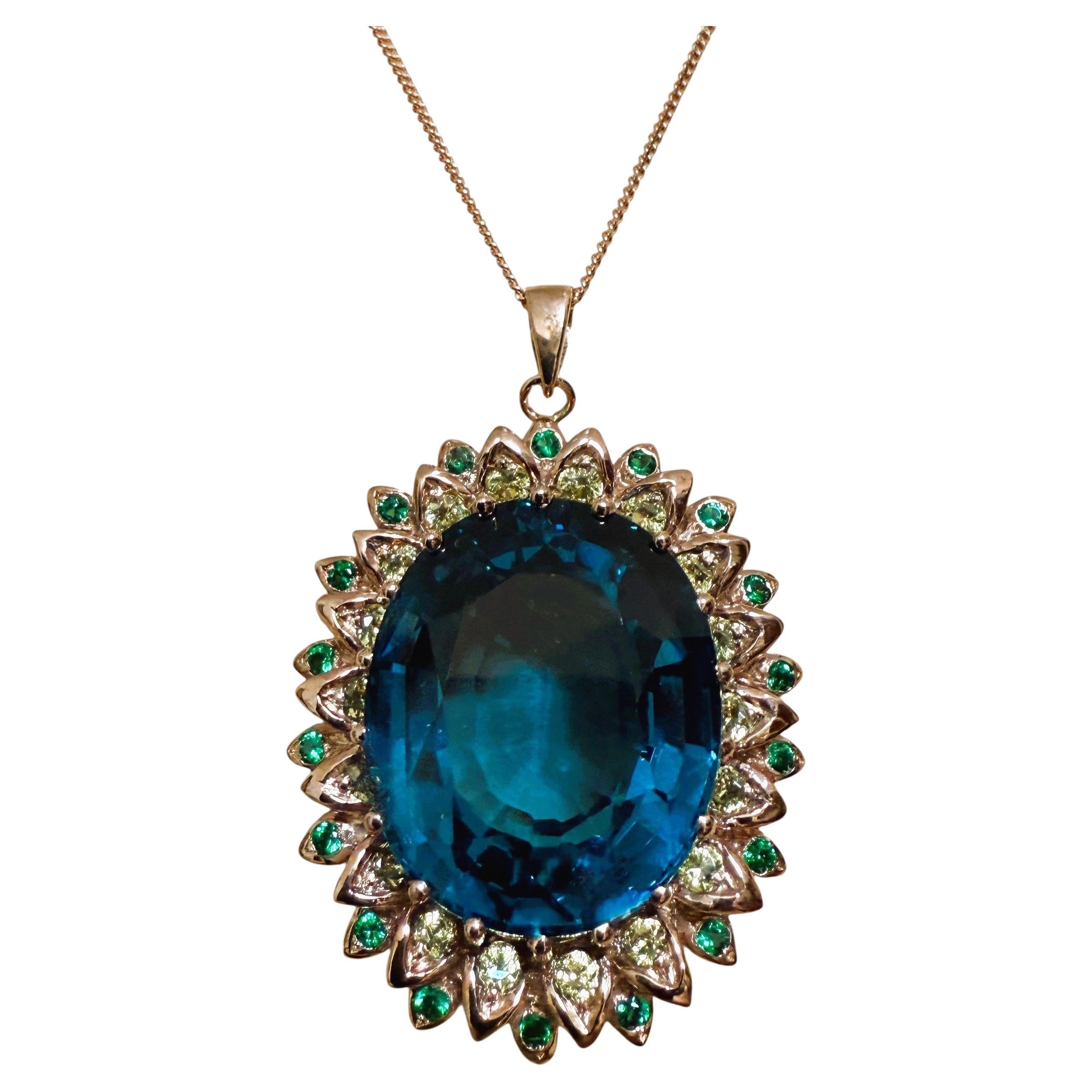 New 44 Carat London Blue Topaz & Diamond Cut Sapphire A.R. P. Sterling Necklace