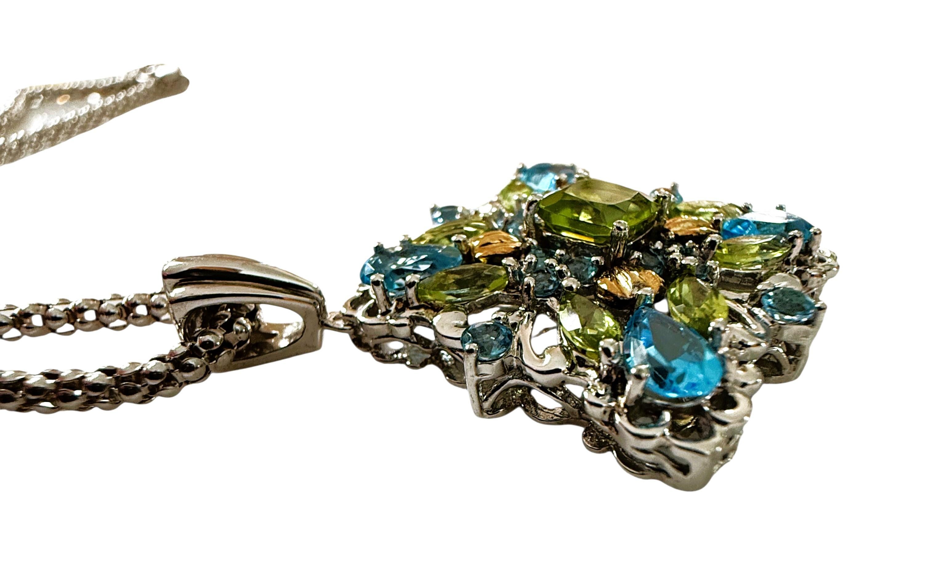 14K & Sterling 1 Karat Peridot & 2 Karat Blauer Topas Halskette Sterling Kette im Angebot 5