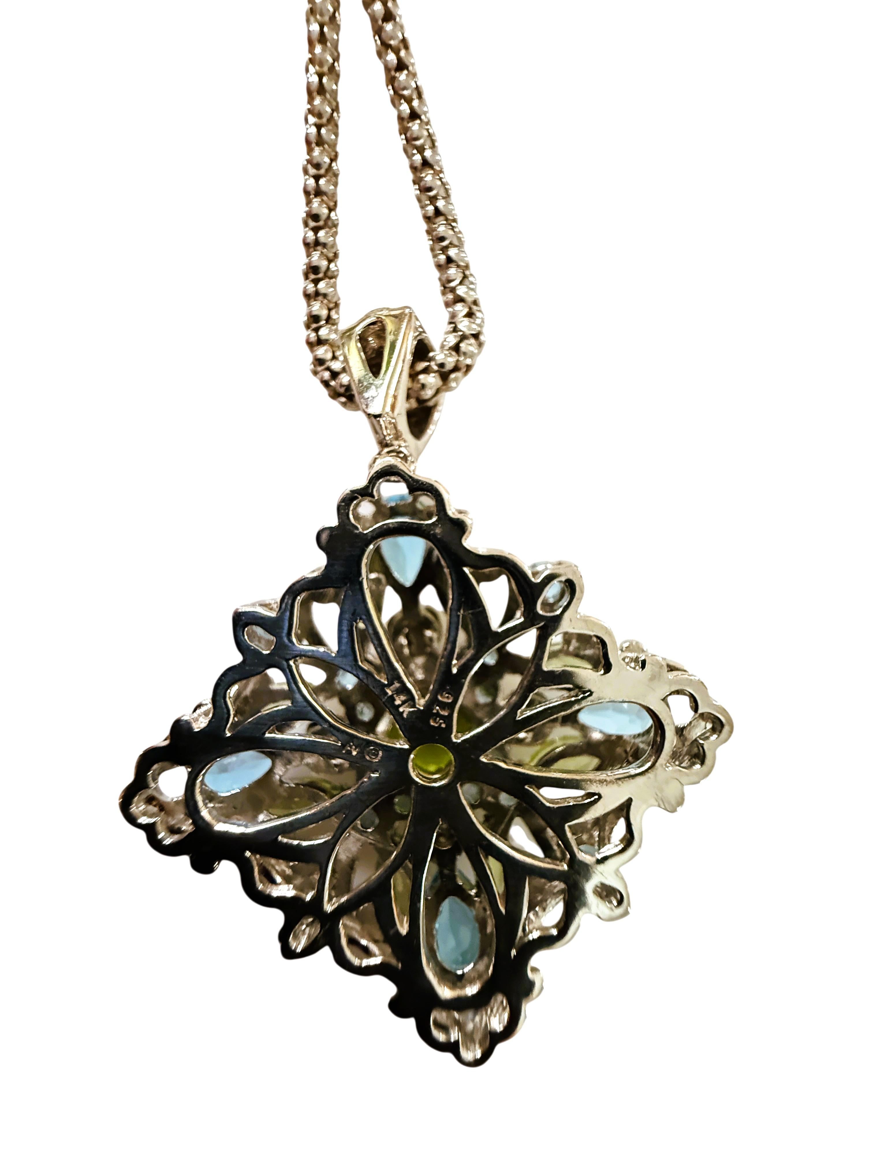 14K & Sterling 1 Karat Peridot & 2 Karat Blauer Topas Halskette Sterling Kette im Angebot 4