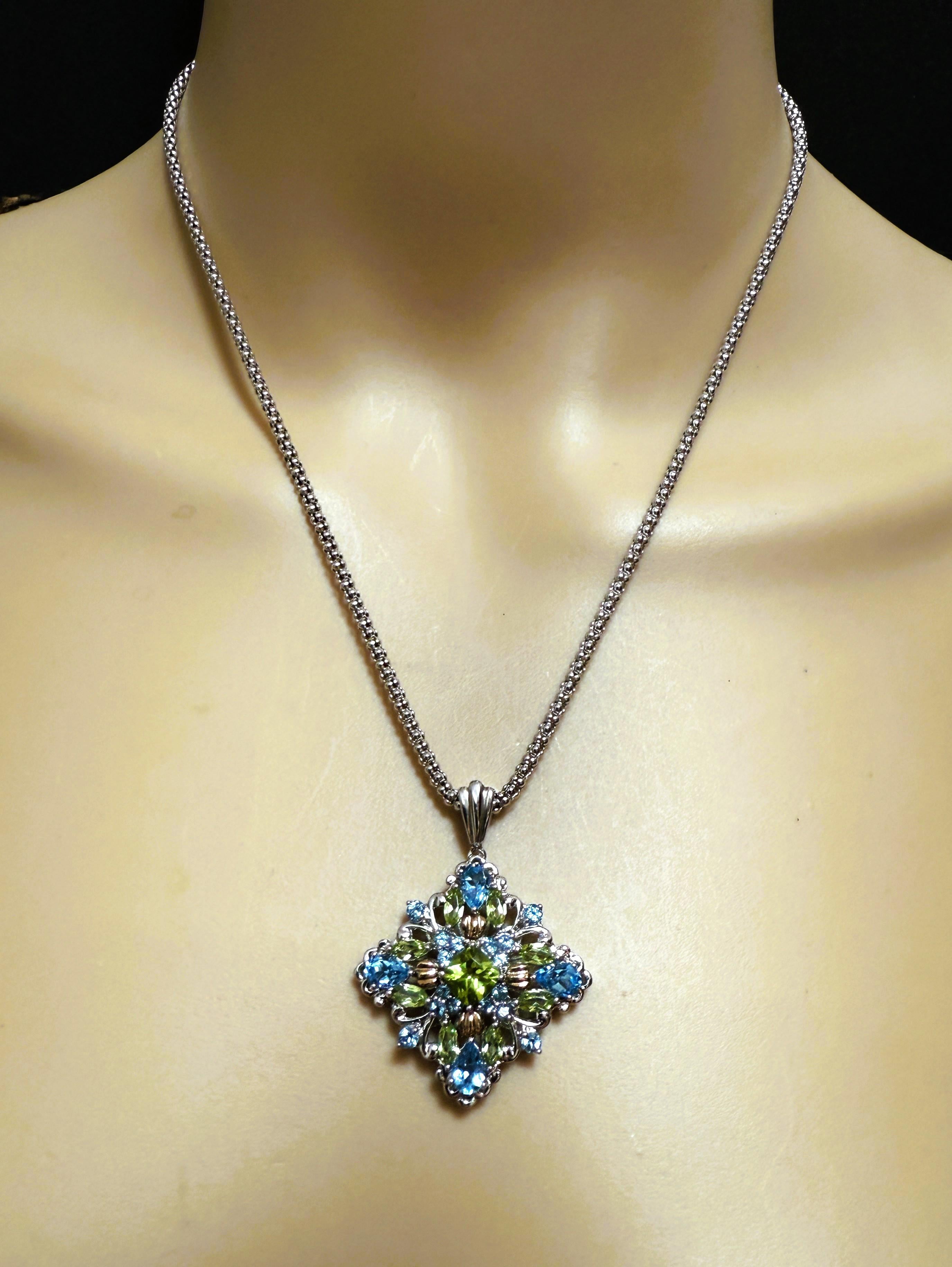 14K & Sterling 1 Karat Peridot & 2 Karat Blauer Topas Halskette Sterling Kette Damen im Angebot