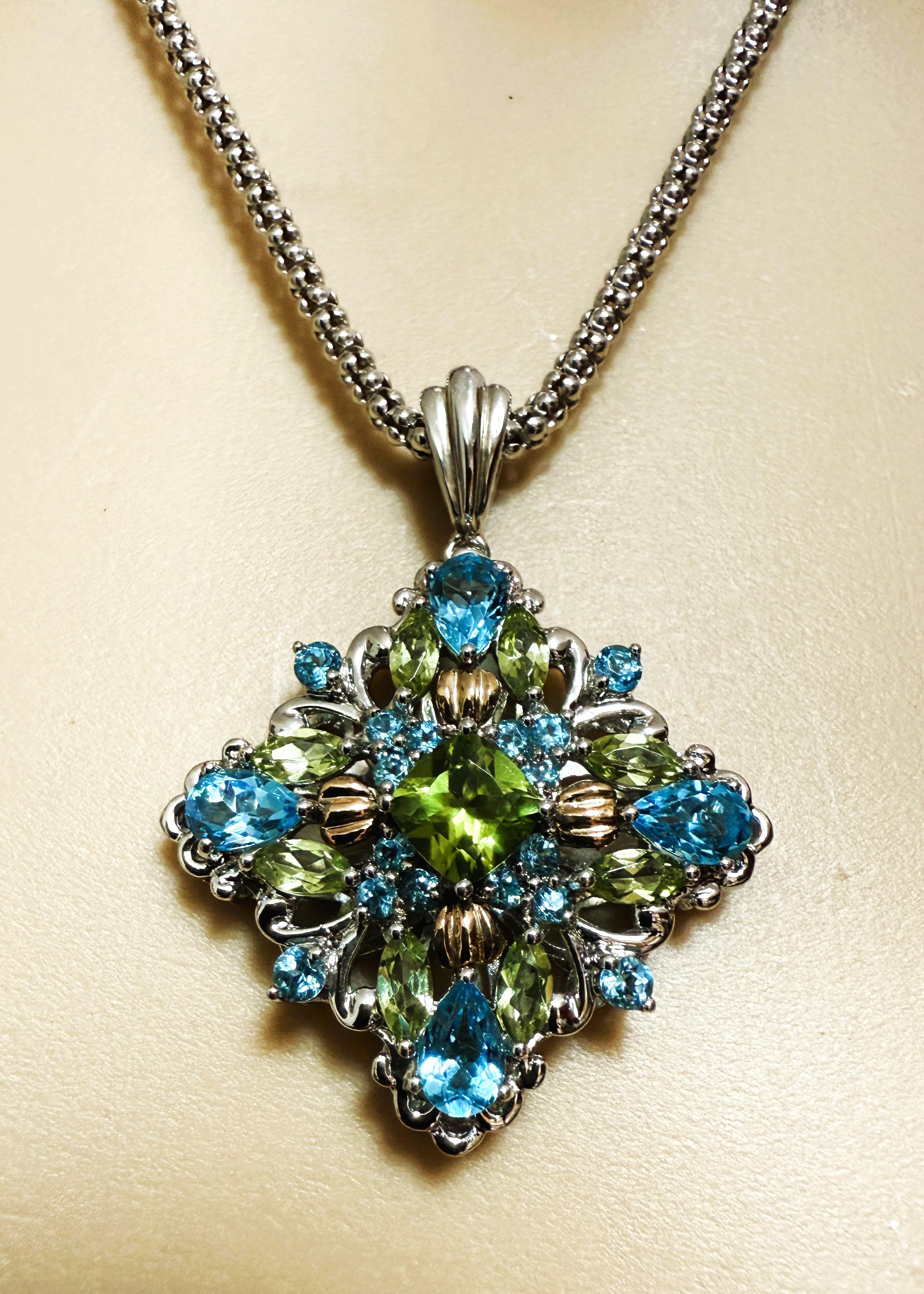 14K & Sterling 1 Karat Peridot & 2 Karat Blauer Topas Halskette Sterling Kette im Angebot 1
