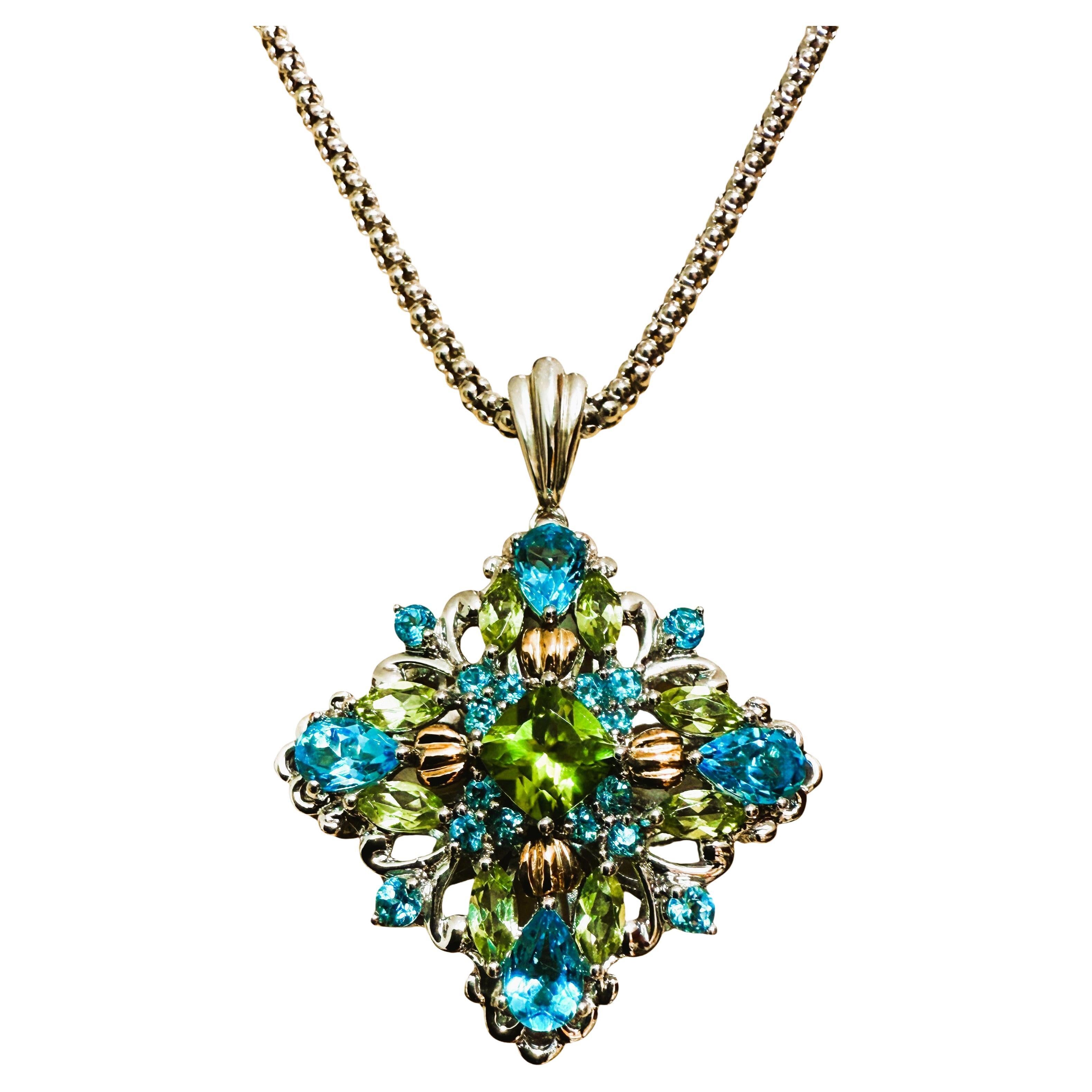 14K & Sterling 1 Karat Peridot & 2 Karat Blauer Topas Halskette Sterling Kette im Angebot