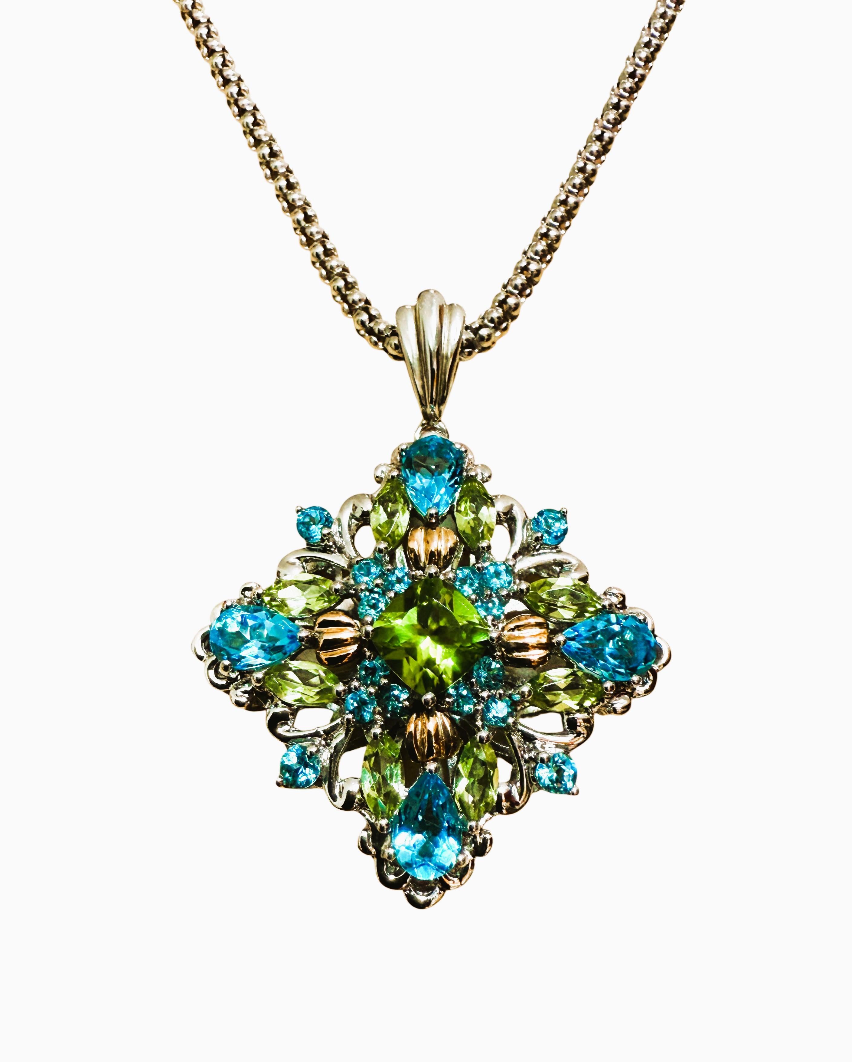 14K & Sterling 1 Karat Peridot & 2 Karat Blauer Topas Halskette Sterling Kette im Angebot 8