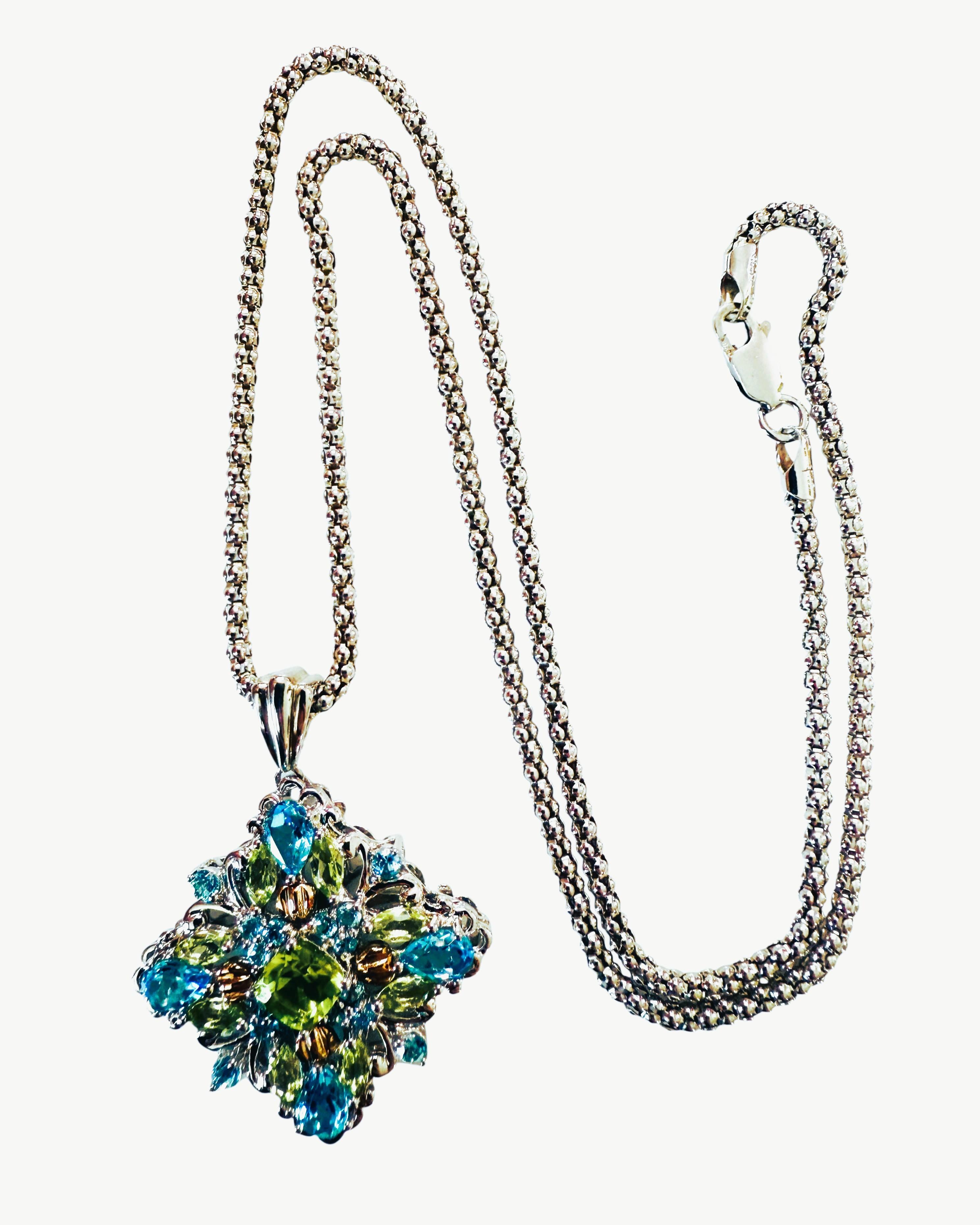 14K & Sterling 1 Karat Peridot & 2 Karat Blauer Topas Halskette Sterling Kette im Angebot 6