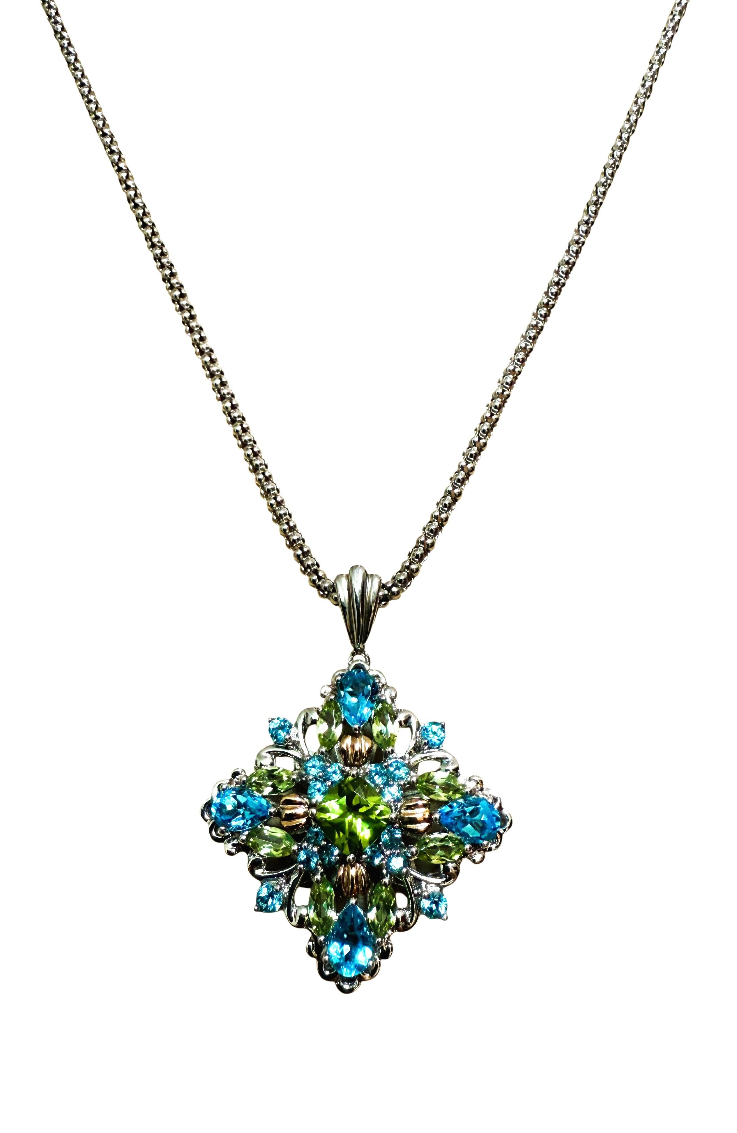 14K & Sterling 1 Karat Peridot & 2 Karat Blauer Topas Halskette Sterling Kette im Angebot 7