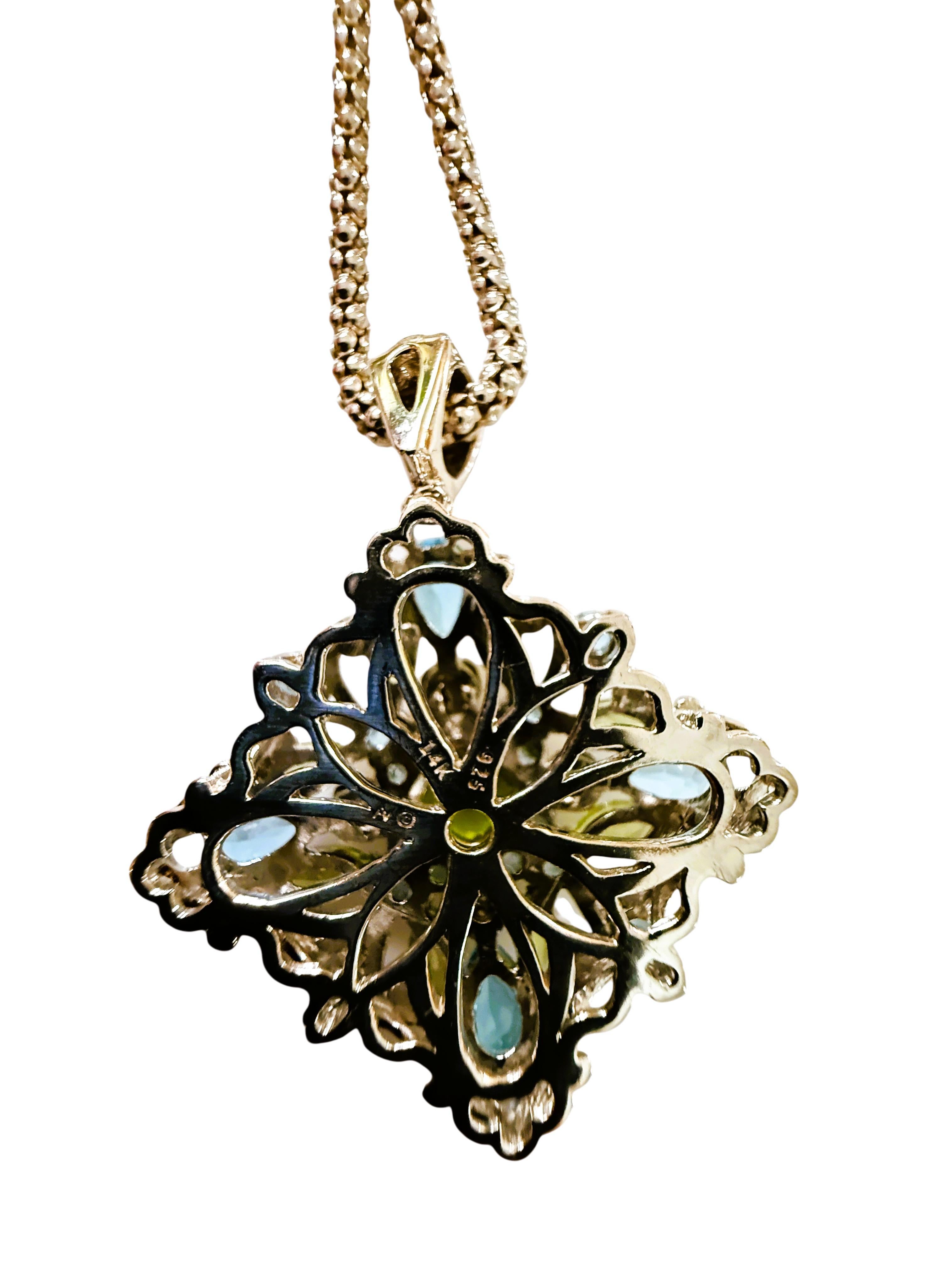 14K & Sterling 1 Karat Peridot & 2 Karat Blauer Topas Halskette Sterling Kette im Angebot 9