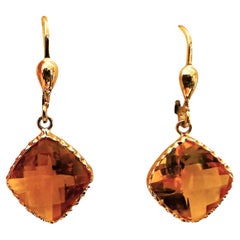 14k Y Gold 10.5 Carat CheckerBoard Citrine Dangle Diamond Cut Border Earrings