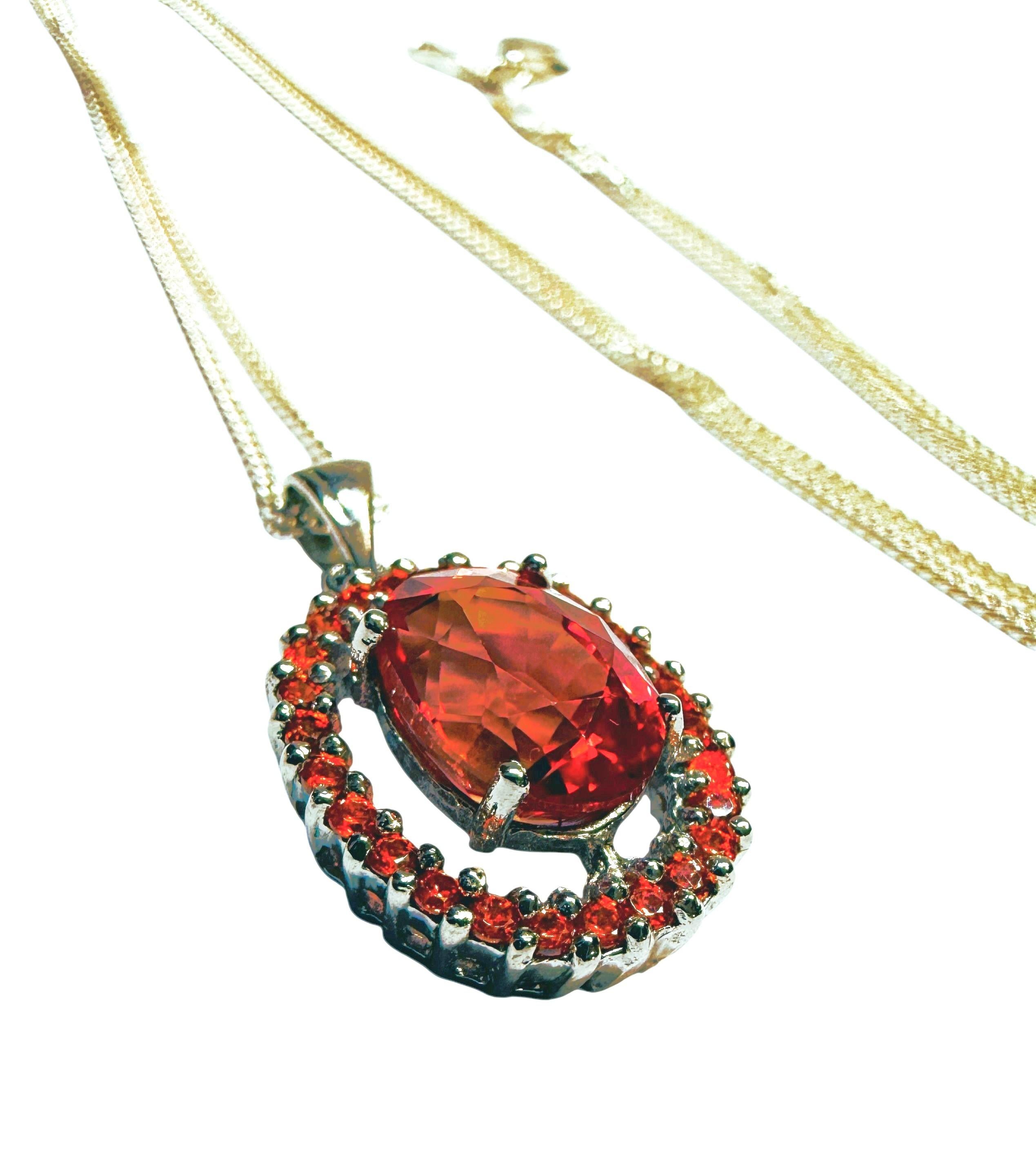 Neu 3,9 Karat Sunset Orange Saphir & Diamantschliff Saphir Sterling Halskette (Art déco) im Angebot