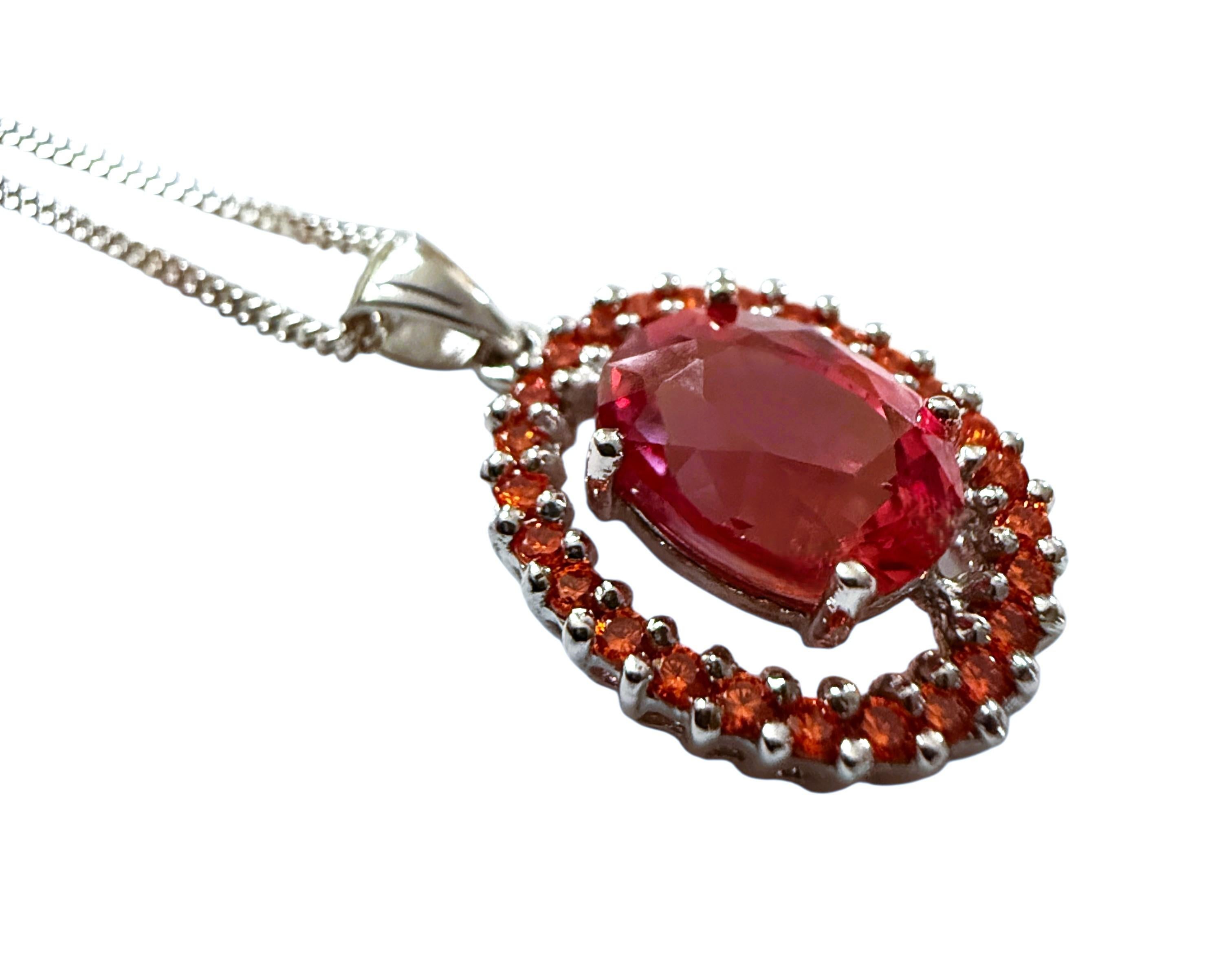 Neu 3,9 Karat Sunset Orange Saphir & Diamantschliff Saphir Sterling Halskette im Angebot 3