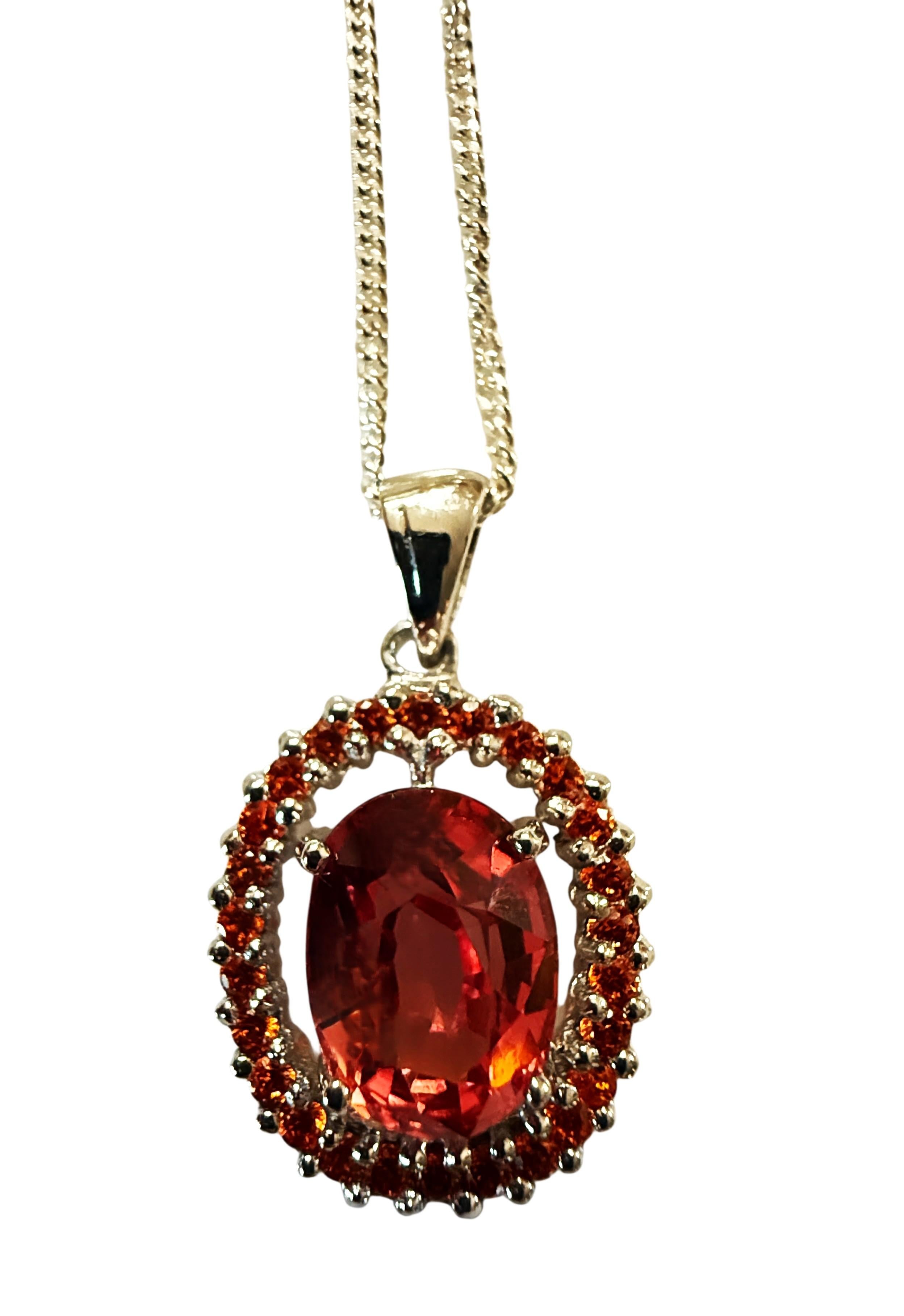 Neu 3,9 Karat Sunset Orange Saphir & Diamantschliff Saphir Sterling Halskette im Angebot 2