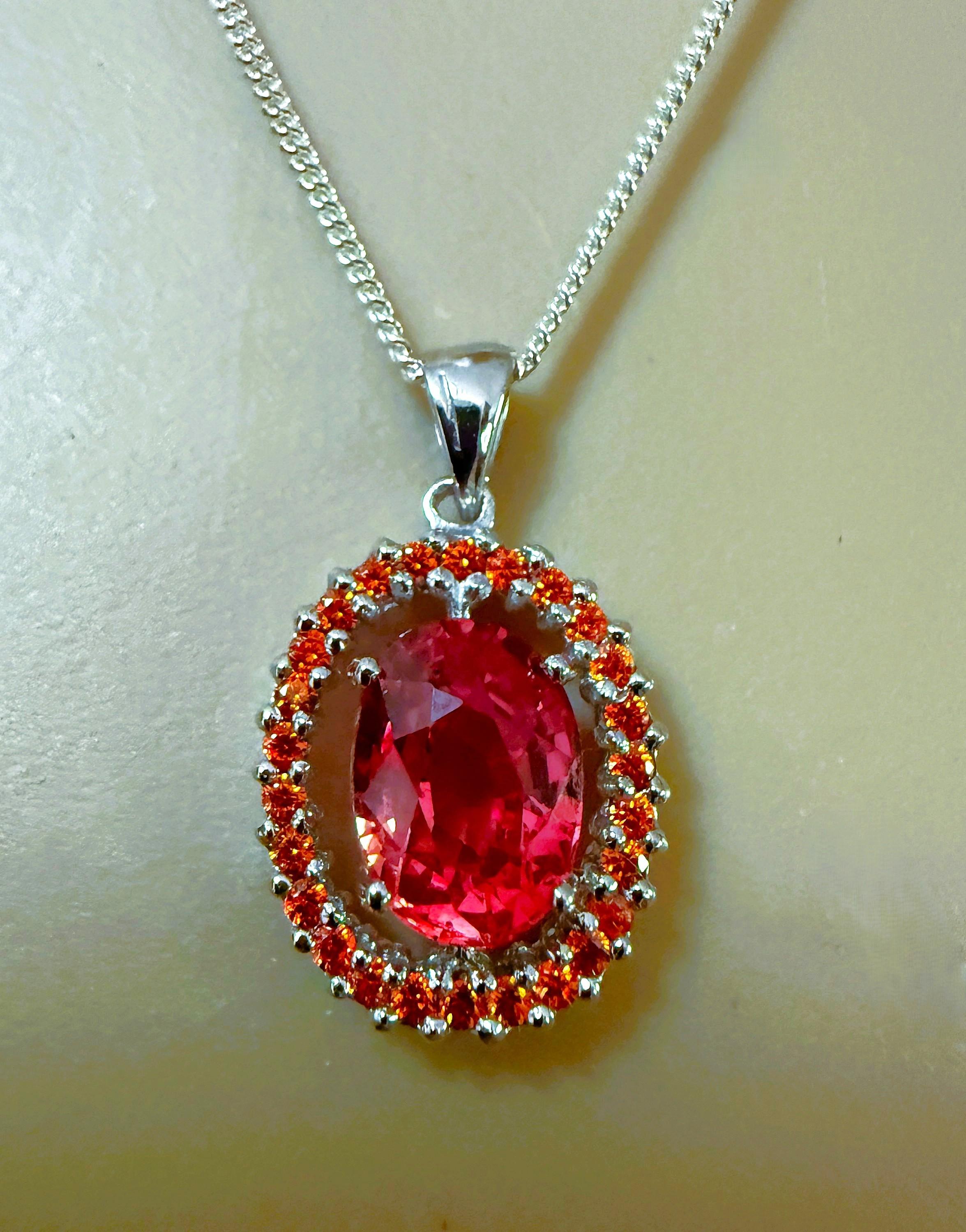 Neu 3,9 Karat Sunset Orange Saphir & Diamantschliff Saphir Sterling Halskette im Angebot 6