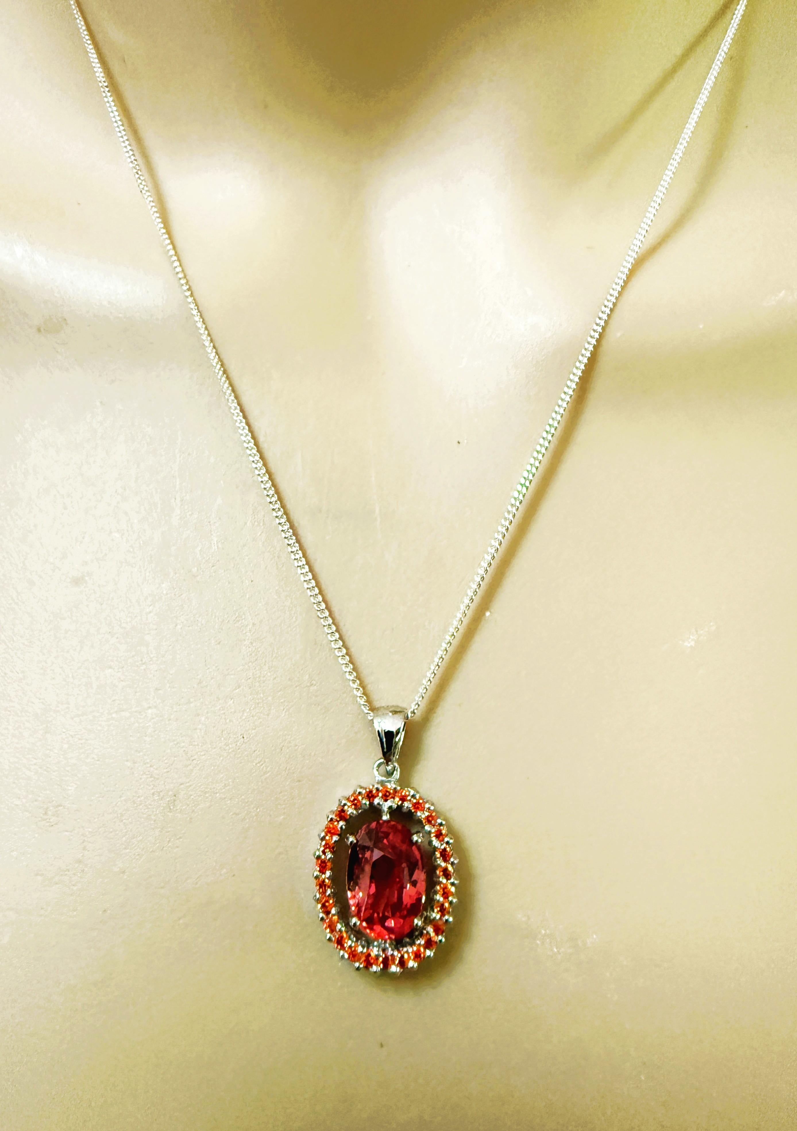 Neu 3,9 Karat Sunset Orange Saphir & Diamantschliff Saphir Sterling Halskette im Angebot 7