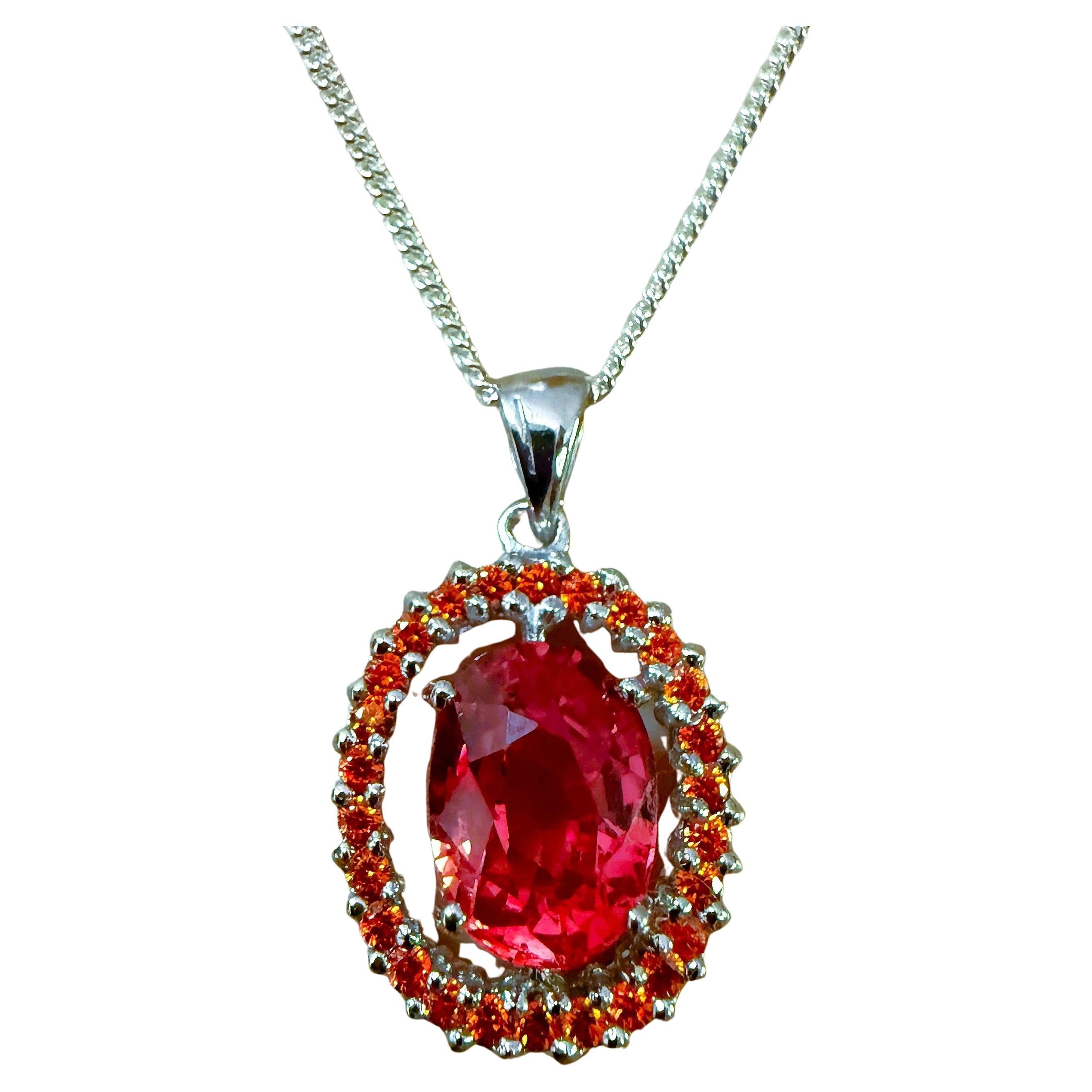New 3.9 Carat Sunset Orange Sapphire & Diamond Cut Sapphire Sterling Necklace