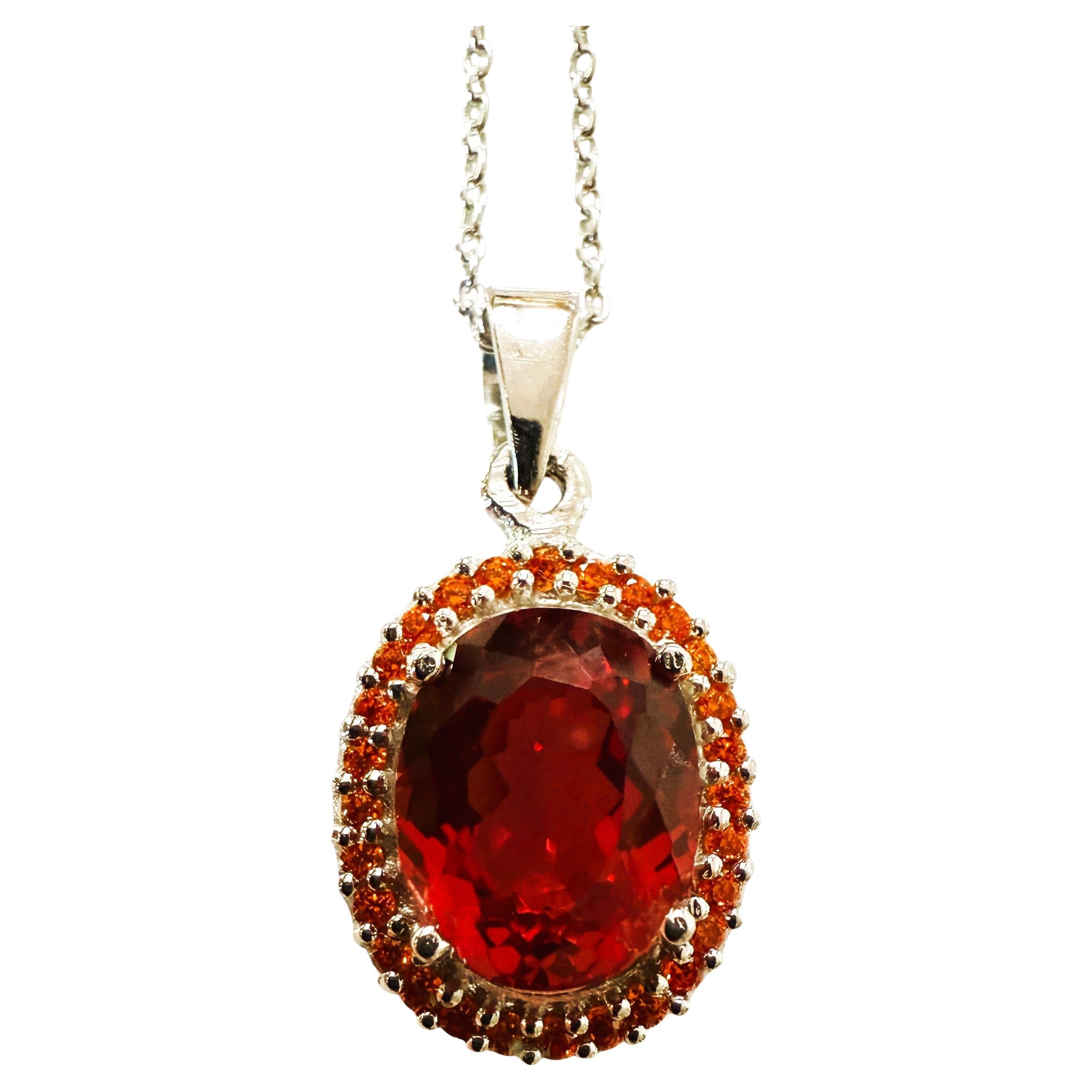 New 3.95 Carat Sunset Red Sapphire & Diamond Cut Sapphire Sterling Necklace