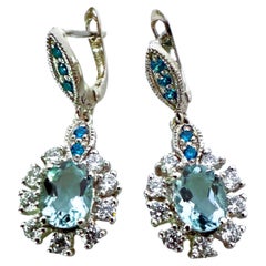 New 2.40 Carat Aquamarine & Diamond Cut Neon Blue Sapphire Earrings
