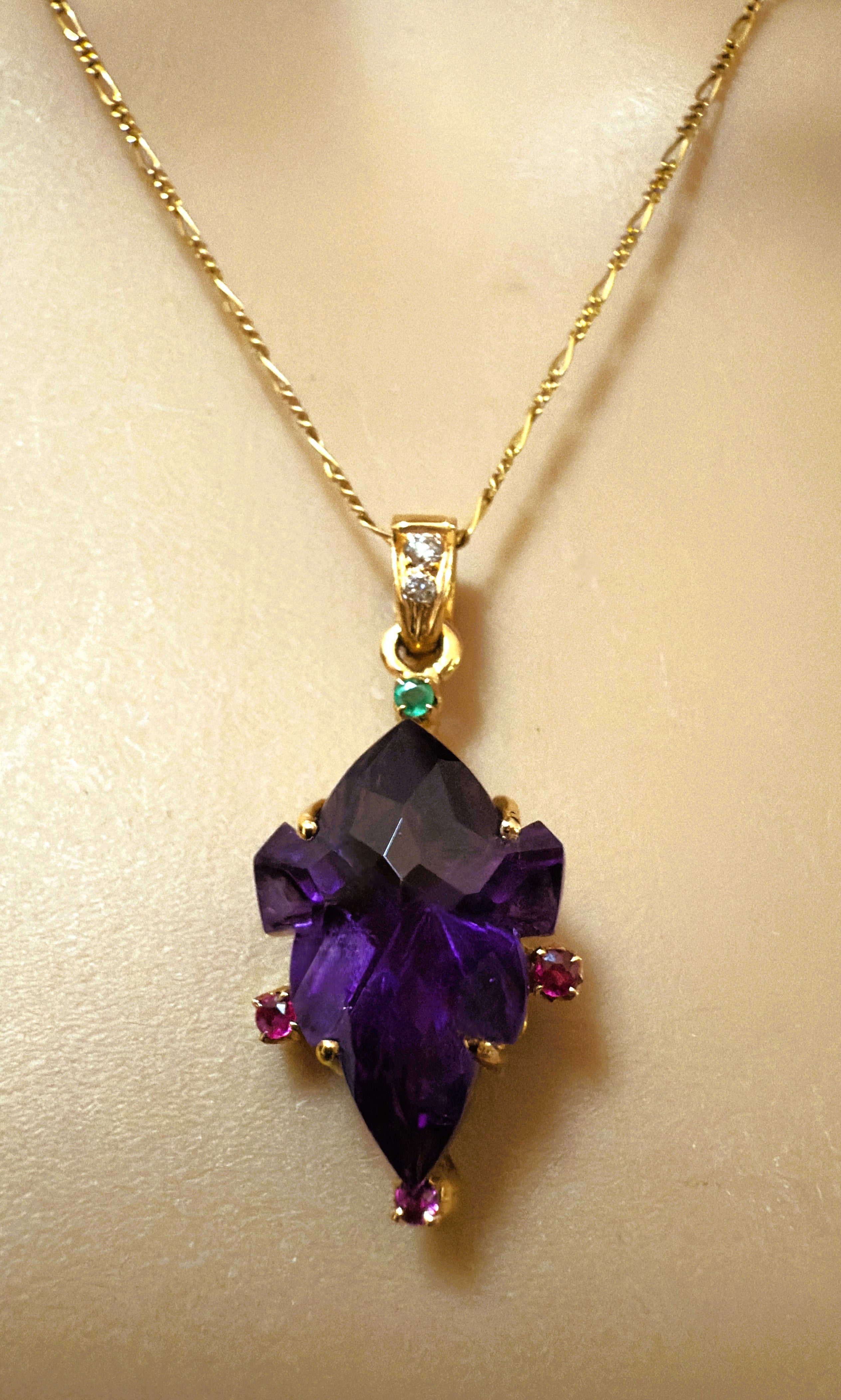 18k Yellow Gold 12 Carat Amethyst, Diamond, Sapphire & Emerald Necklace 18" For Sale