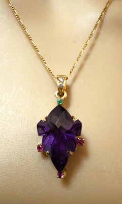 18k Yellow Gold 12 Carat Amethyst, Diamond, Sapphire & Emerald Necklace 18"