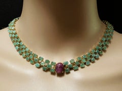 New 47.7 Carat Emerald & 2.54 Carat Ruby Y Gold PL Sterling Silver Necklace