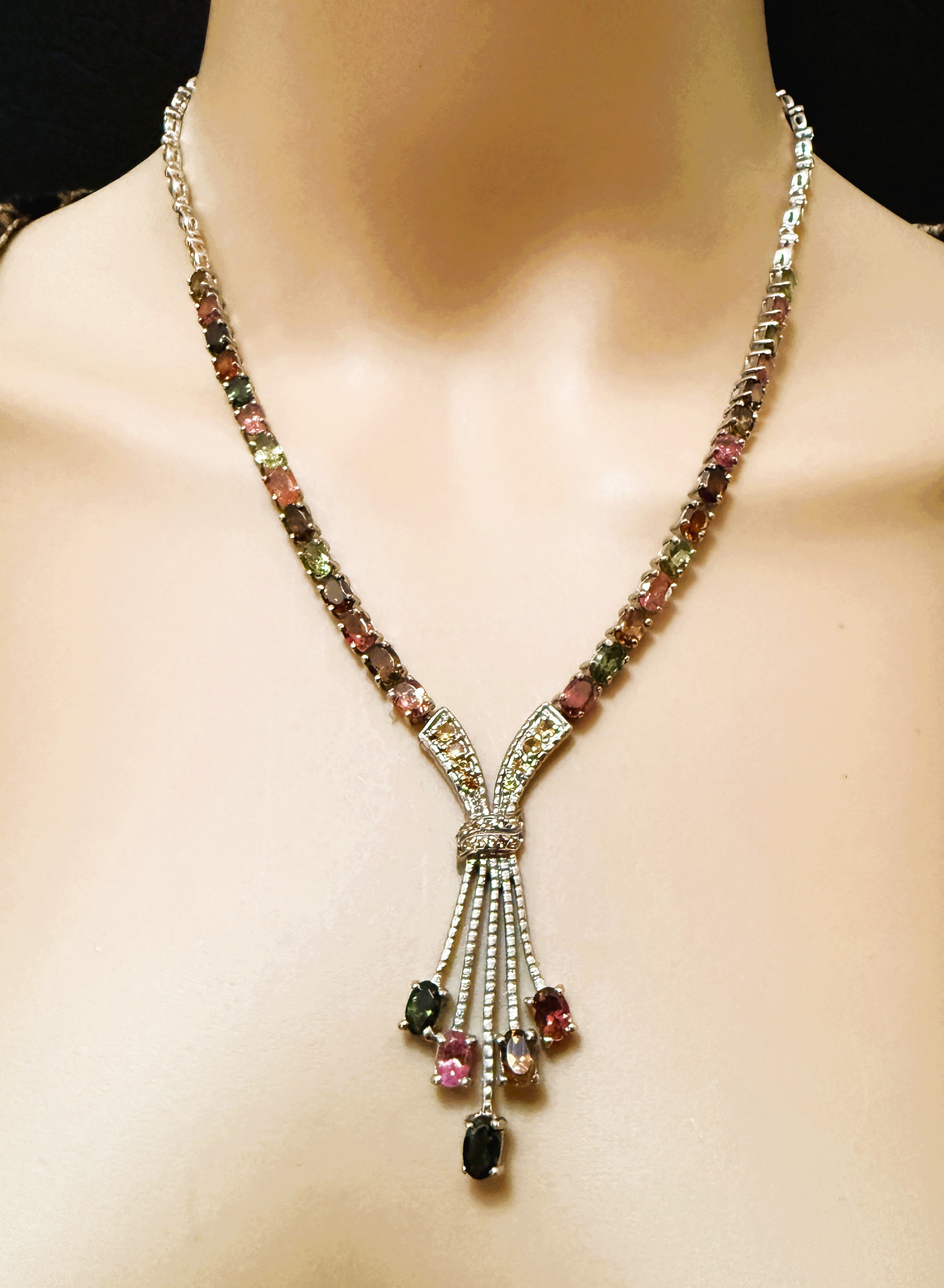 New 14.2 Carats Multi-Color Tourmaline & Diamond cut Sapphire Sterling Necklace For Sale