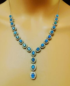 New 4.18 Carat Blue Opal & Diamond Cut Sapphire Sterling Necklace 20 Inches